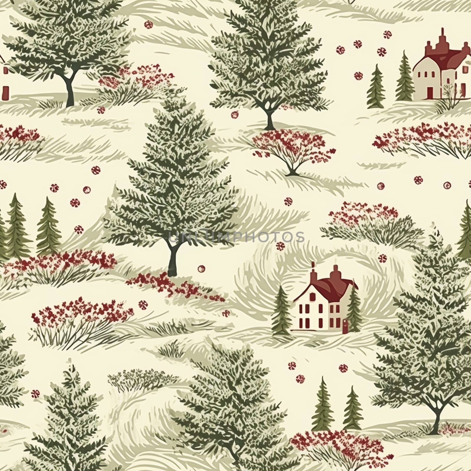 Seamless pattern, tileable holiday cottage in the forest country print, English countryside for wallpaper, wrapping paper, scrapbook, fabric and product design by Anneleven