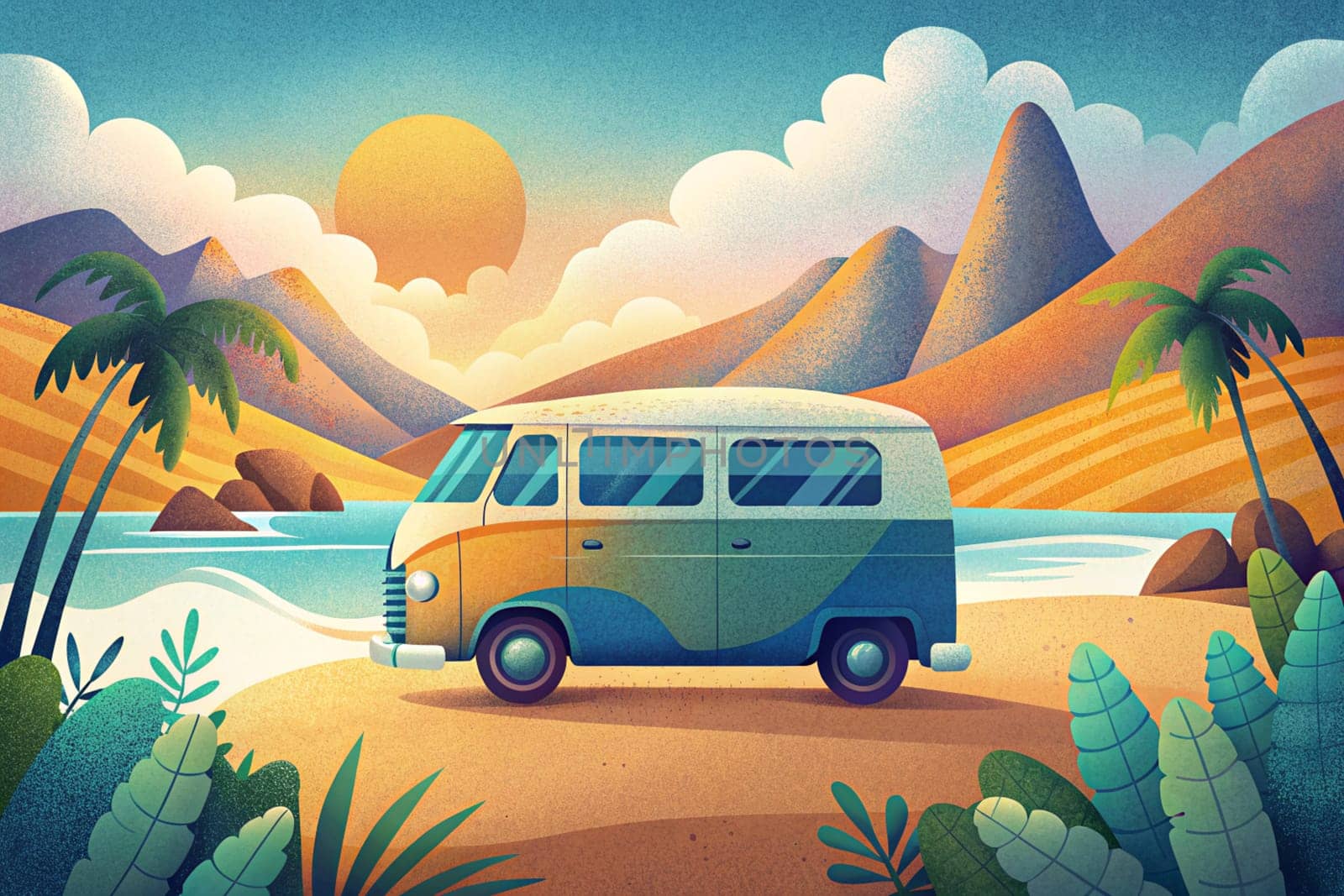 Mini van parking on a beach island, concept of beach vacation. Ai generated by alenamoore