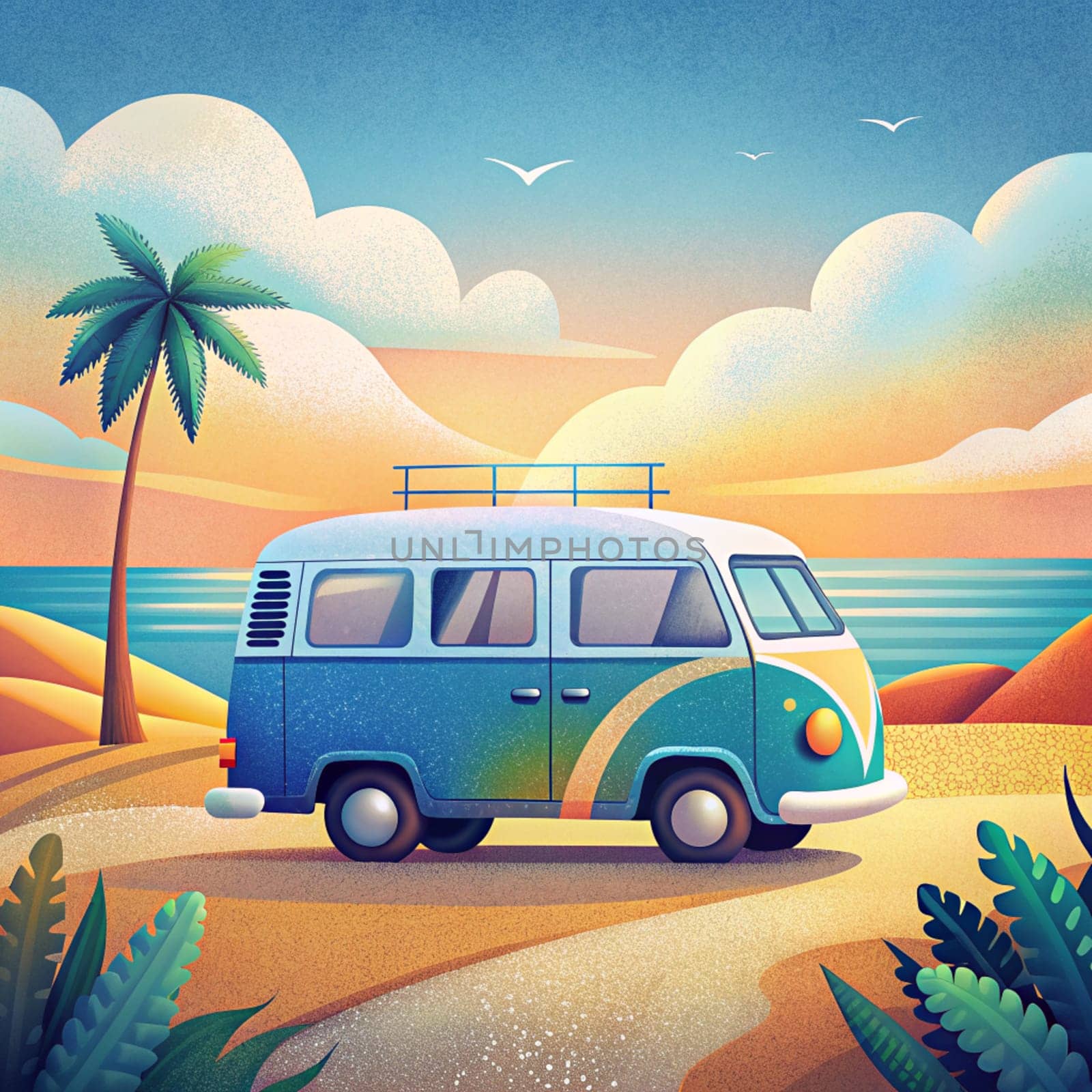 Minivan parking on a beach island, concept of a beach vacation. Square illustration. Ai generated illustration