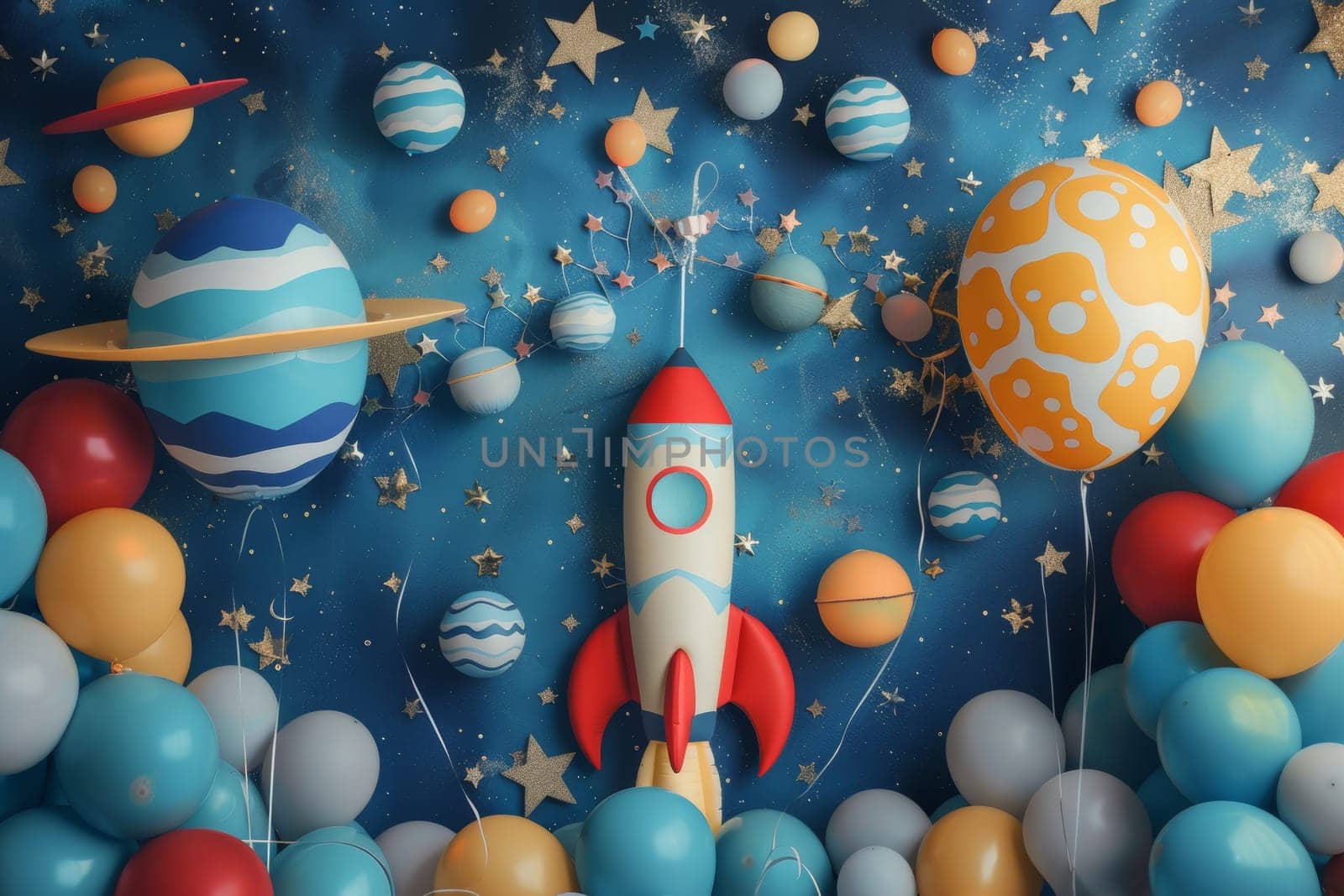 A colorful space scene with a rocket in the middle. The rocket is surrounded by many balloons and stars. The scene is bright and cheerful, with a sense of adventure and exploration