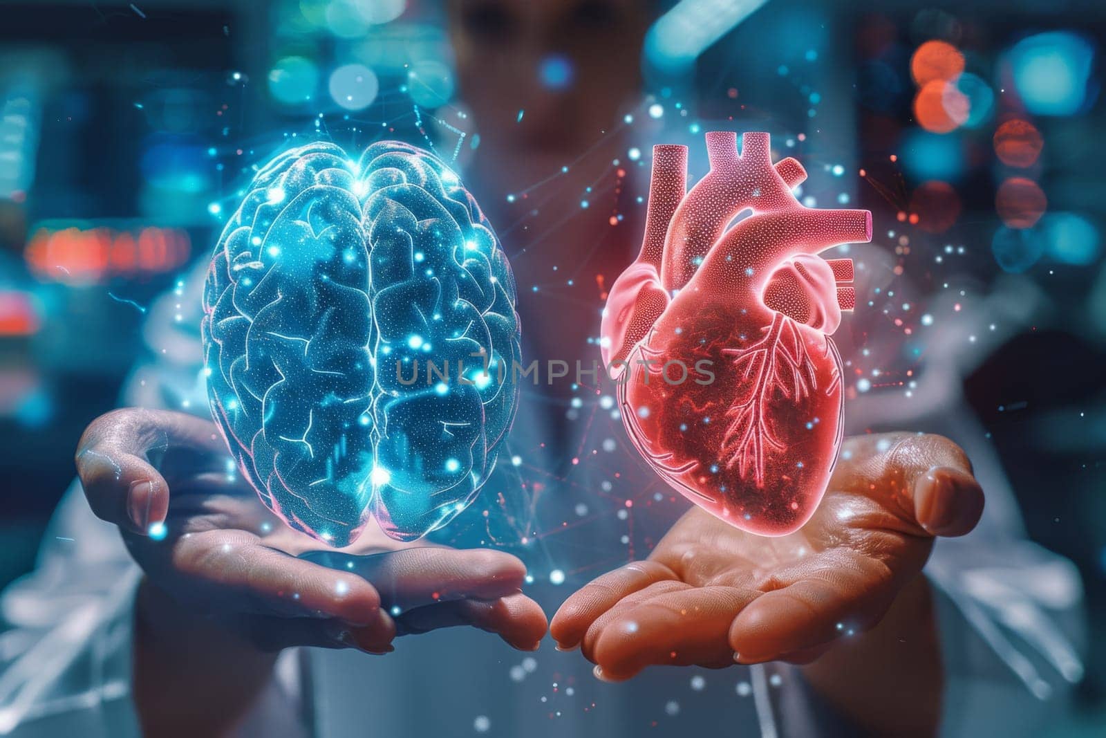 A doctor is holding a heart in his hand and pointing to it. The heart is surrounded by a network of lines, which gives the impression of a computer-generated image