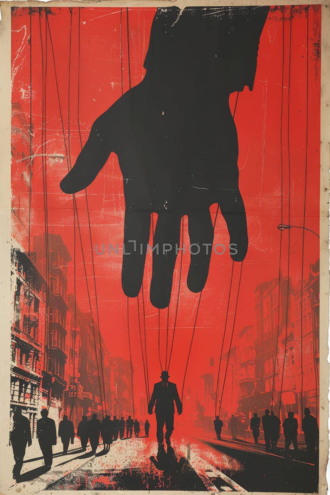 A hand is reaching out to a person in a red and black poster.