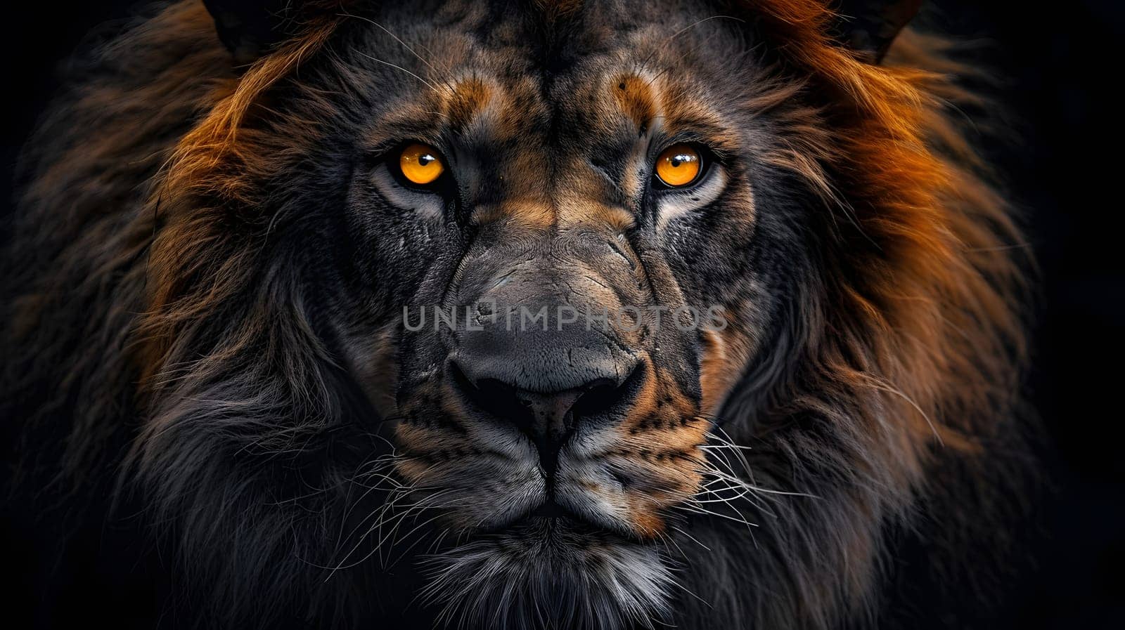 A closeup image of a Masai lions face, showcasing its yellow eyes, whiskers, and fur. This terrestrial carnivore, from the Felidae family, belongs to the group of big cats