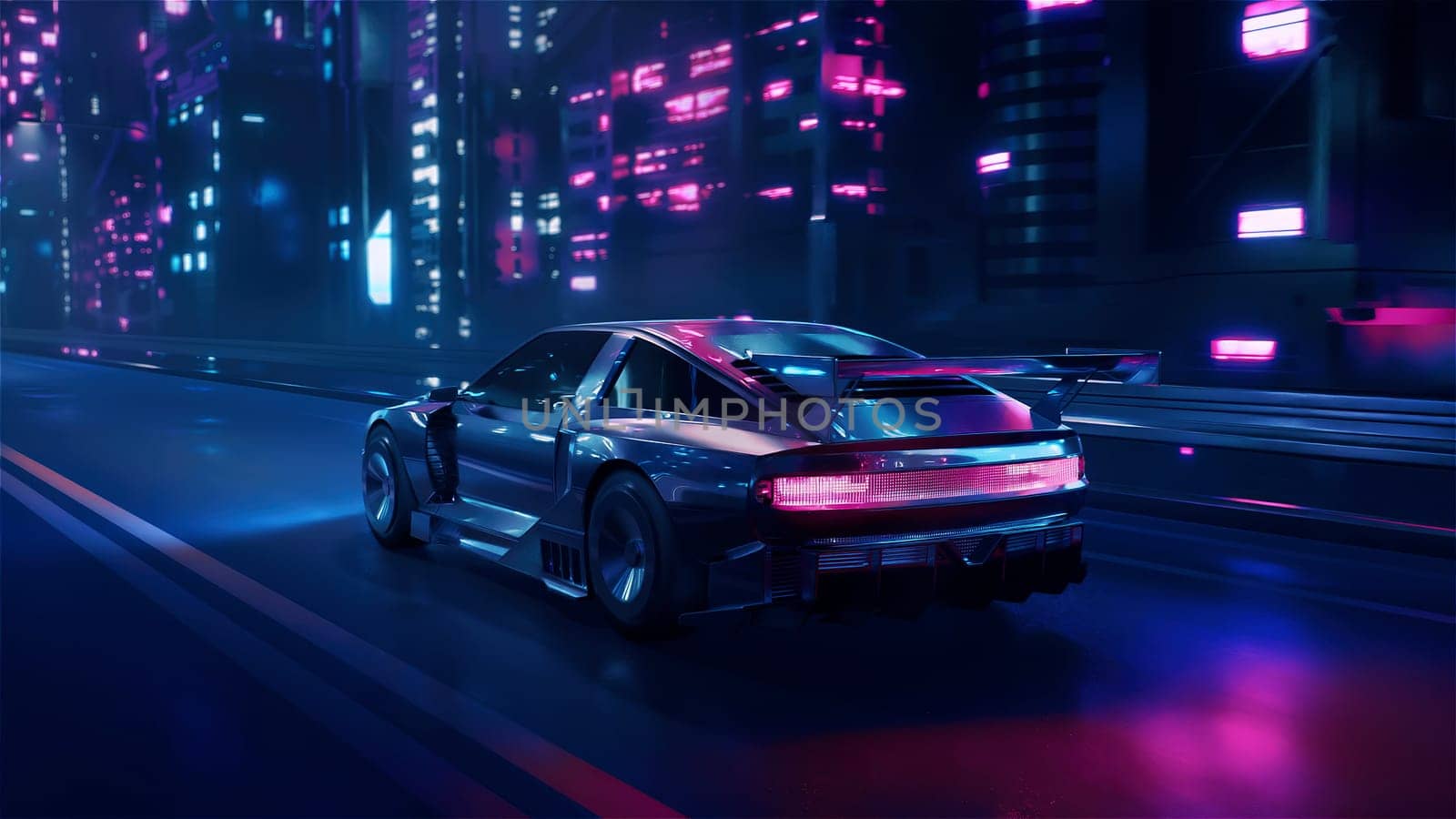 3d render car driving on the city streets at night with neon lights and in a cyberpunk style in 4k