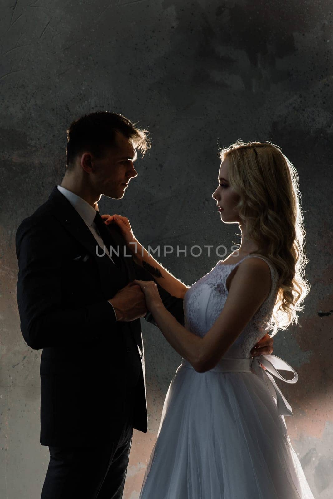 Art fashion studio photo of wedding couple silhouette groom and bride. by Zelenin