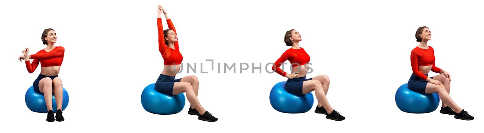 Ball exercise on isolated background in gaiety full body length shot. by biancoblue