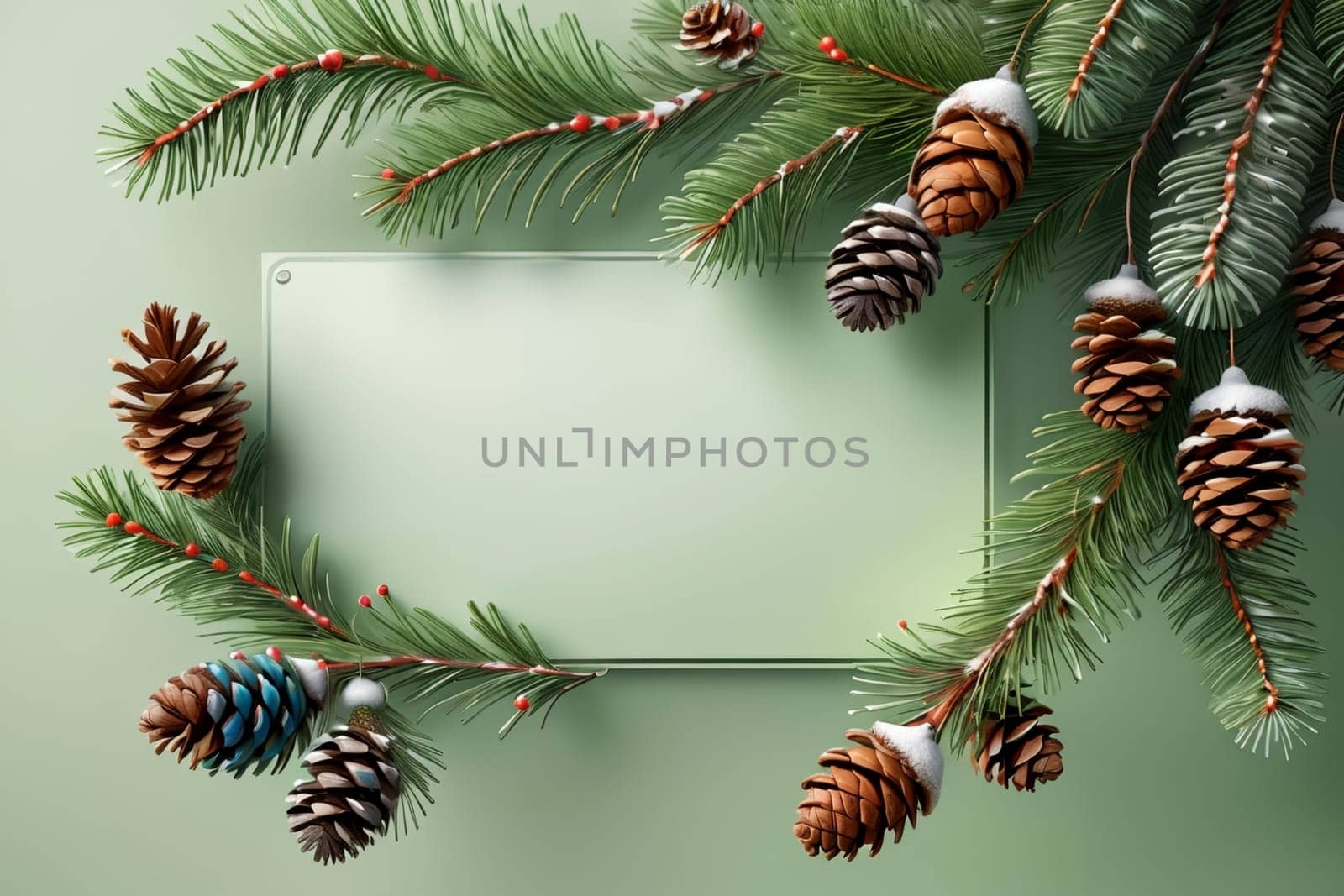 background of Christmas tree branches with pine cones .