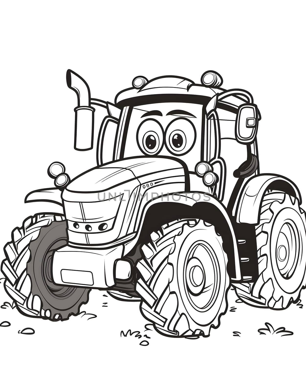 A monochrome illustration of a motor vehicle featuring a largewheeled tractor. The artwork showcases automotive design with detailed wheel and exterior painting
