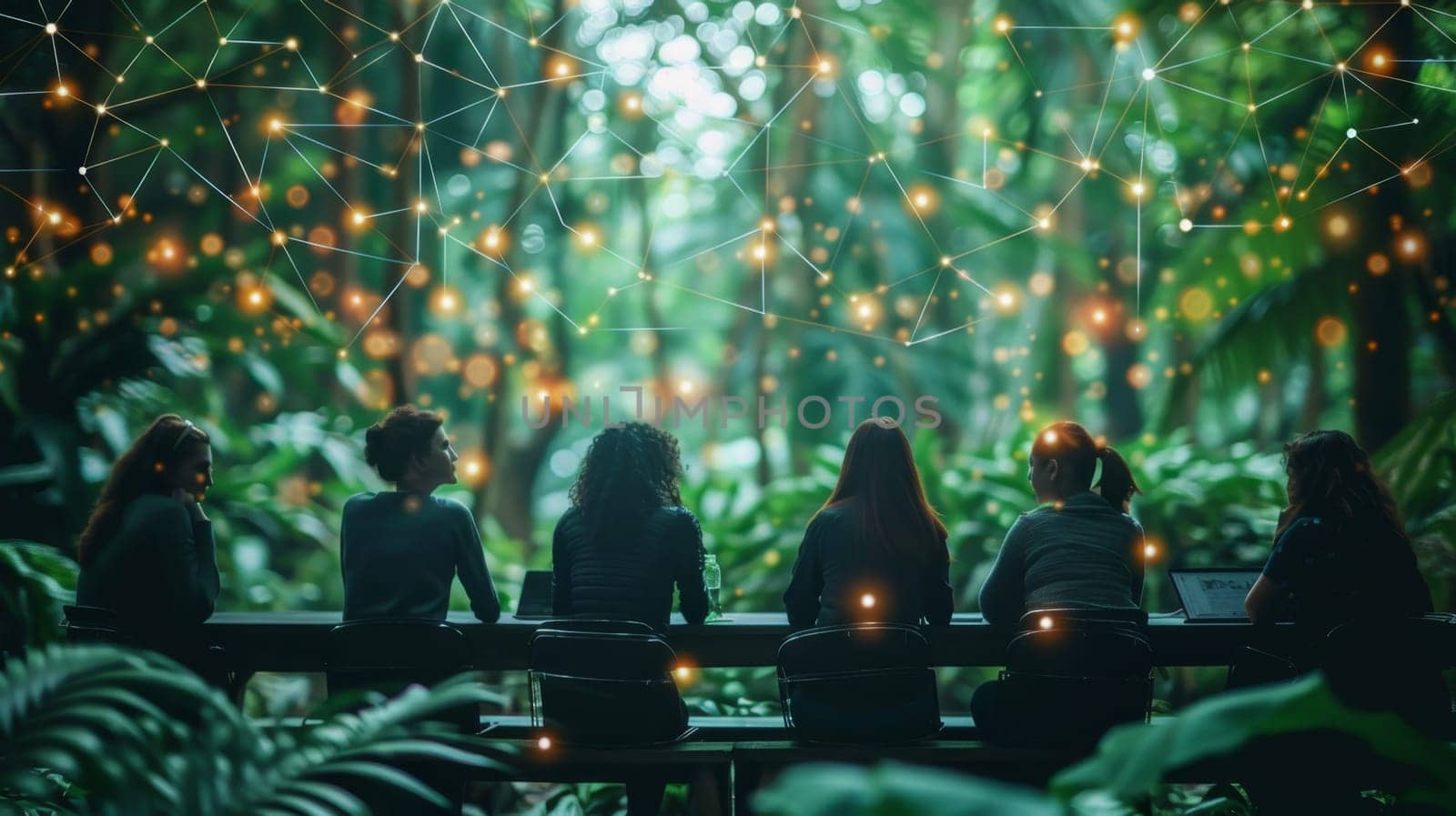 A group of Women using eco-future technologies in the ecosystem. Working in an ecological environment by Lobachad