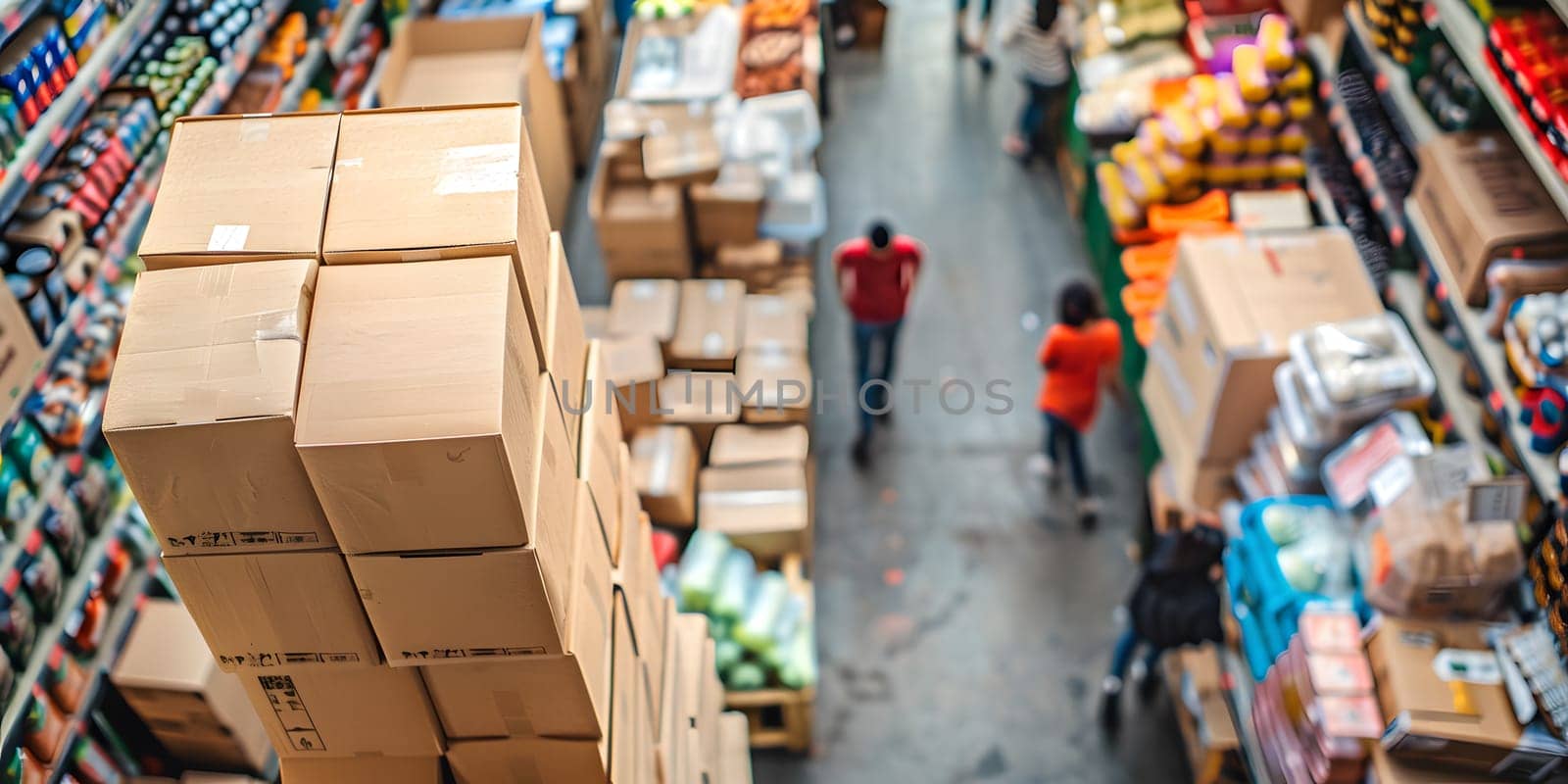 A hardwood building filled with boxes, people walking through it by Nadtochiy