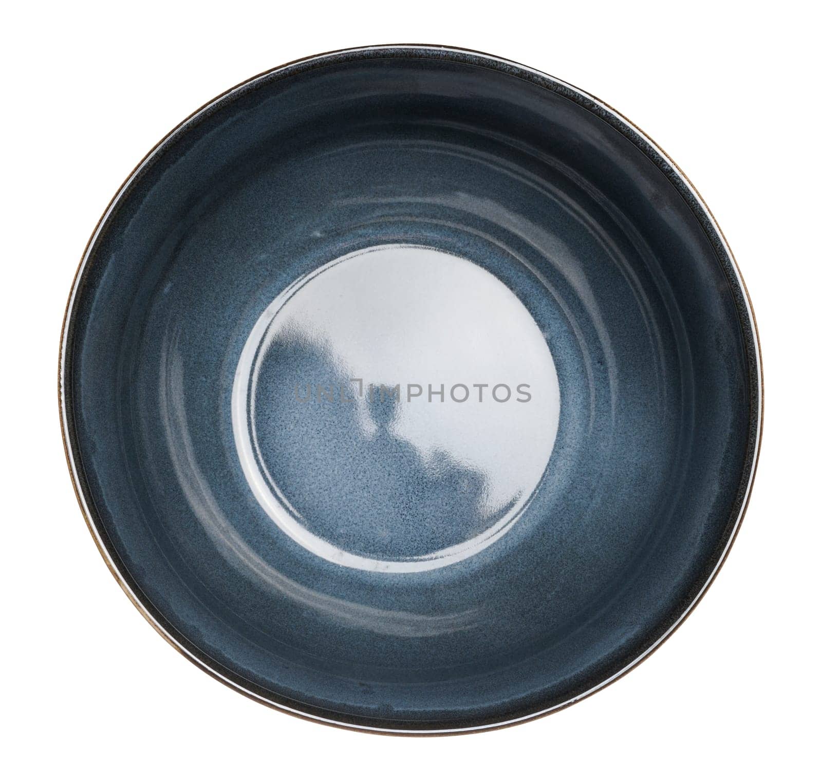 Empty blue ceramic soup plate, top view