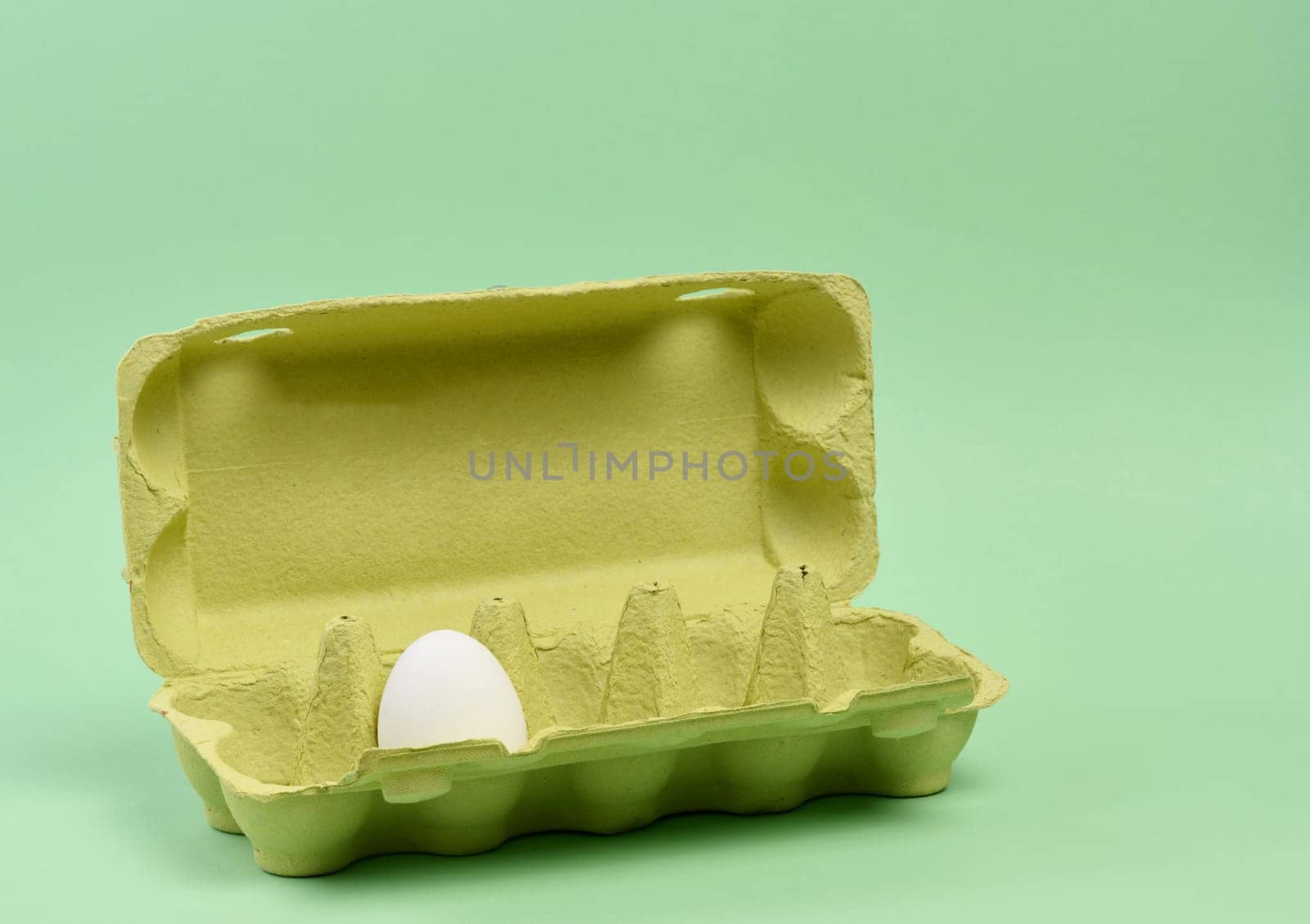 One white egg in a paper box on a green background