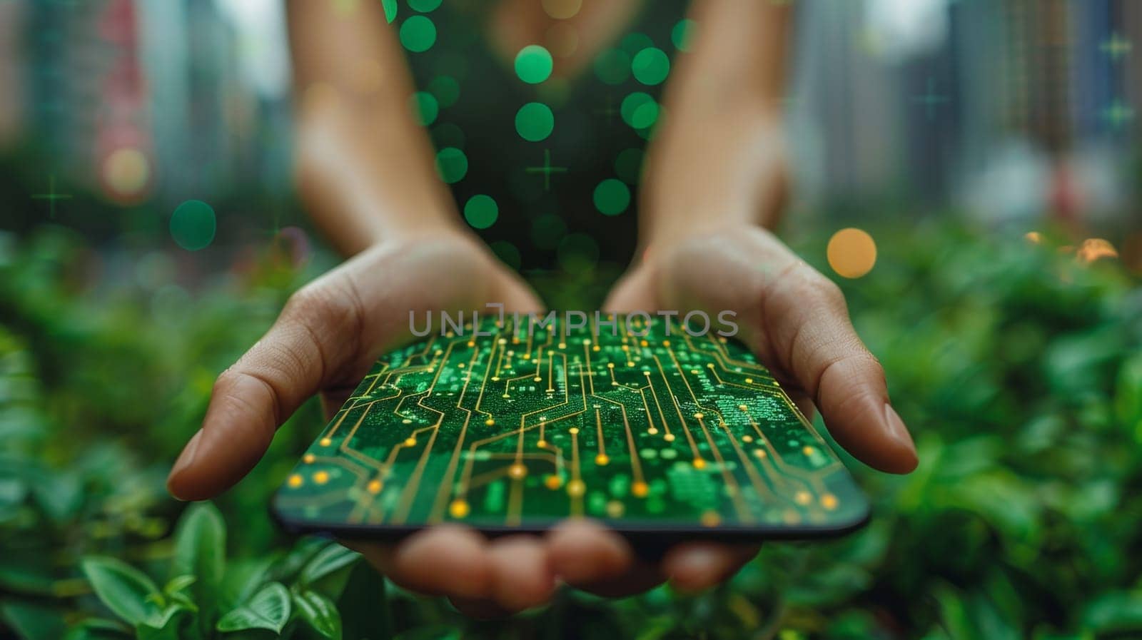 hands Women using eco-future technologies in the ecosystem. Working in an ecological environment.