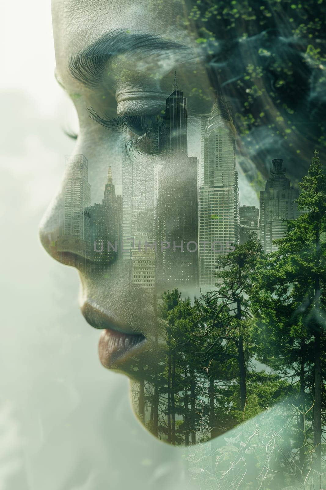 A futuristic portrait of a girl in an ecological world. using eco-future technologies in the ecosystem by Lobachad