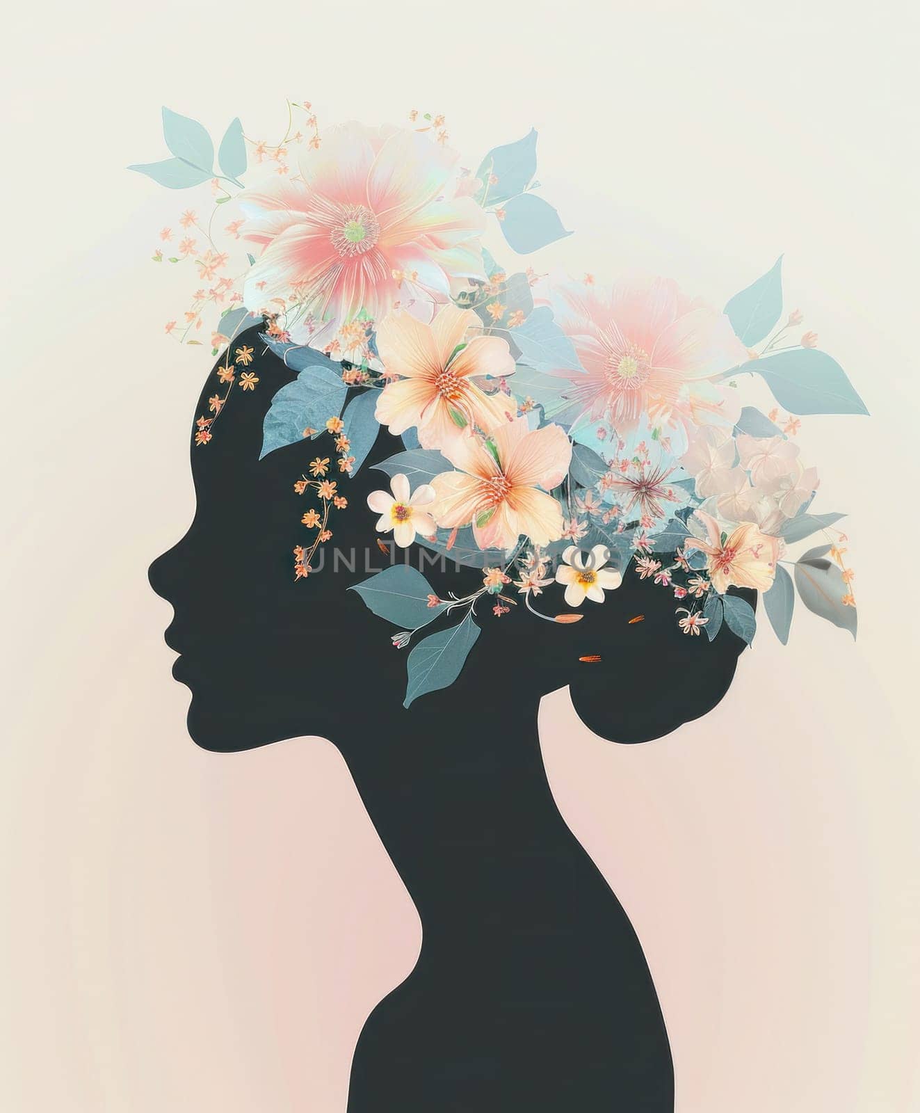 Silhouette of a woman with flowers in her hair in a beautiful nature setting for fashion and beauty concept by Vichizh