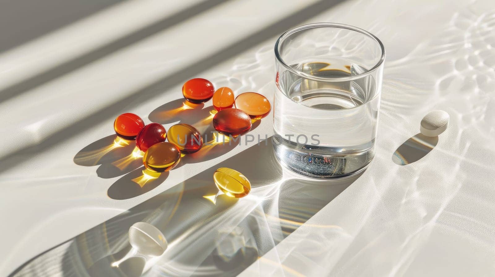 Daily Health Supplements - Neatly Arranged Variety of Vitamin Tablets, Pills, and Capsules with Glass of Water on White Surface.