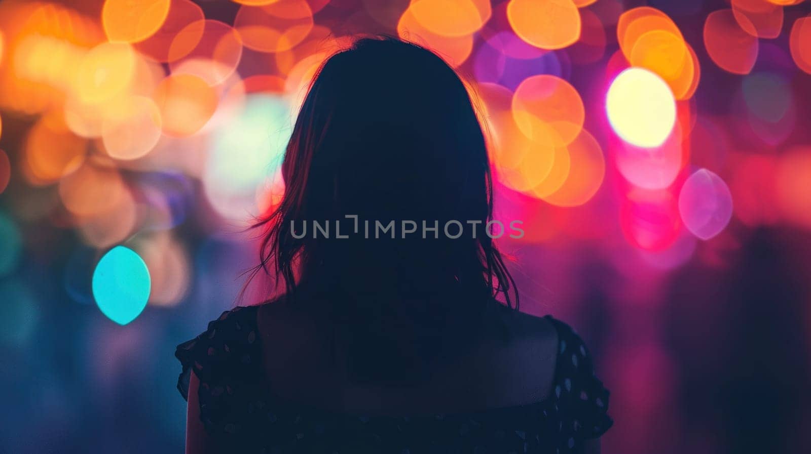 Ethereal beauty of a woman standing in front of vibrant, colorful background with bokeh lights