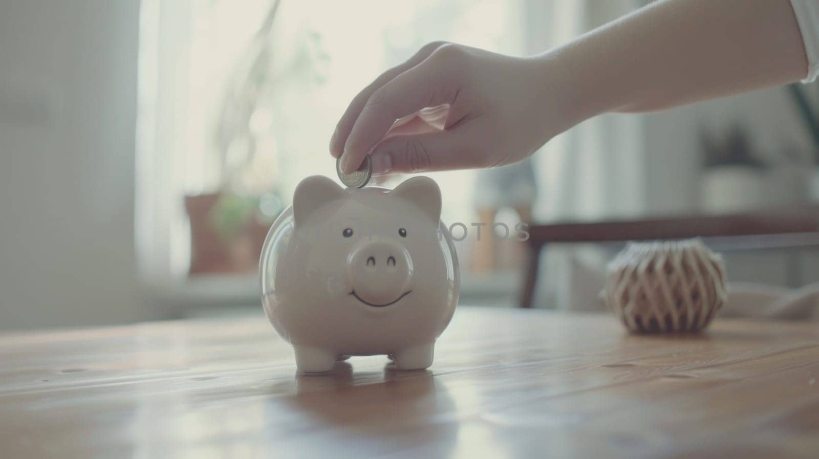 Person depositing money into piggy bank on wooden table with various objects savings and finance concept