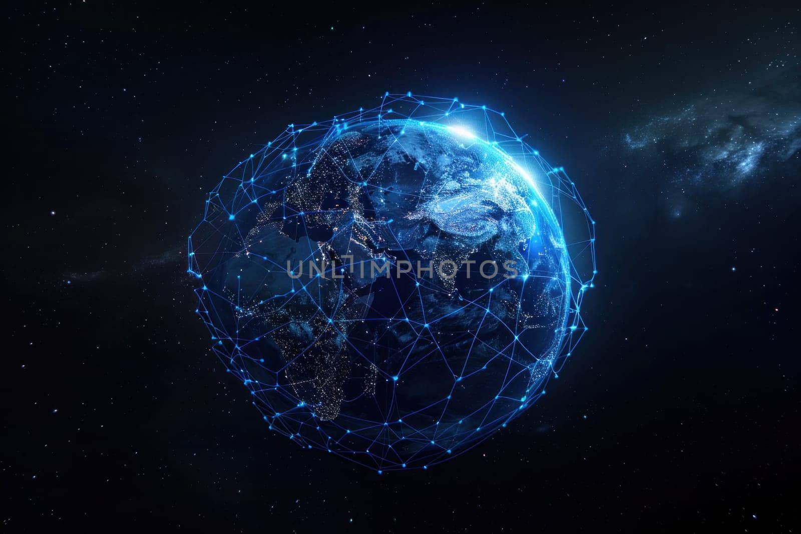 Earth connection network with stars in the background, futuristic technology concept for travel and communication