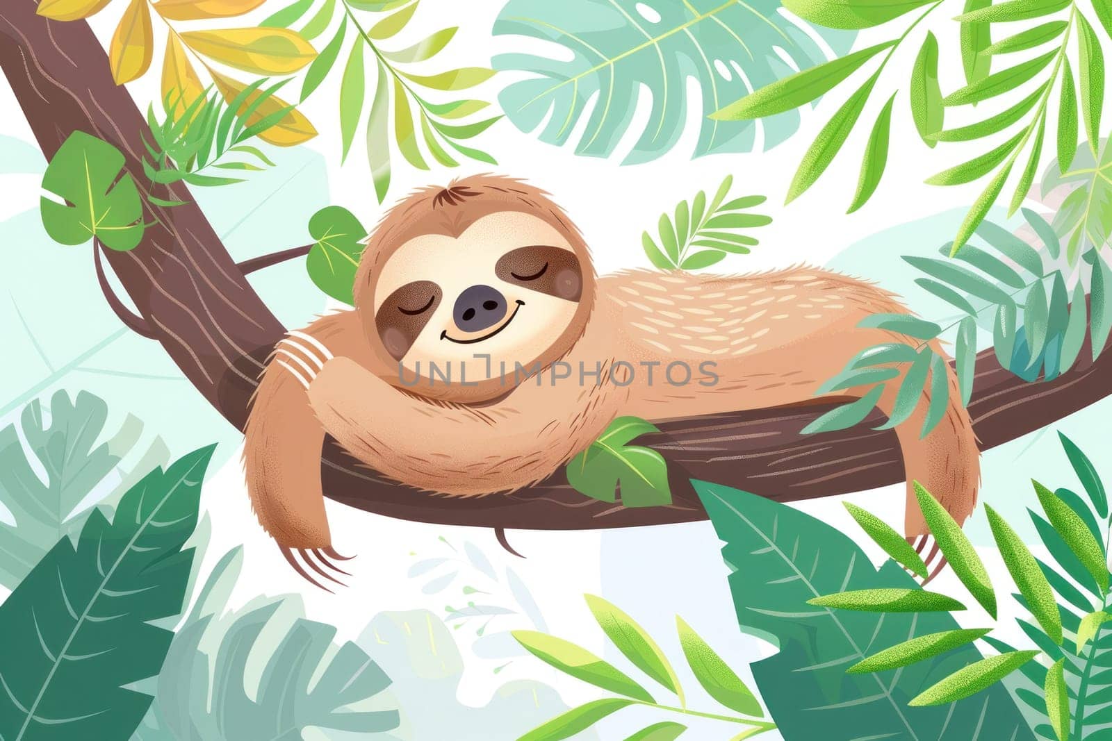 Cute sloth sleeping on a tree branch in the jungle illustration for nature and wildlife enthusiasts