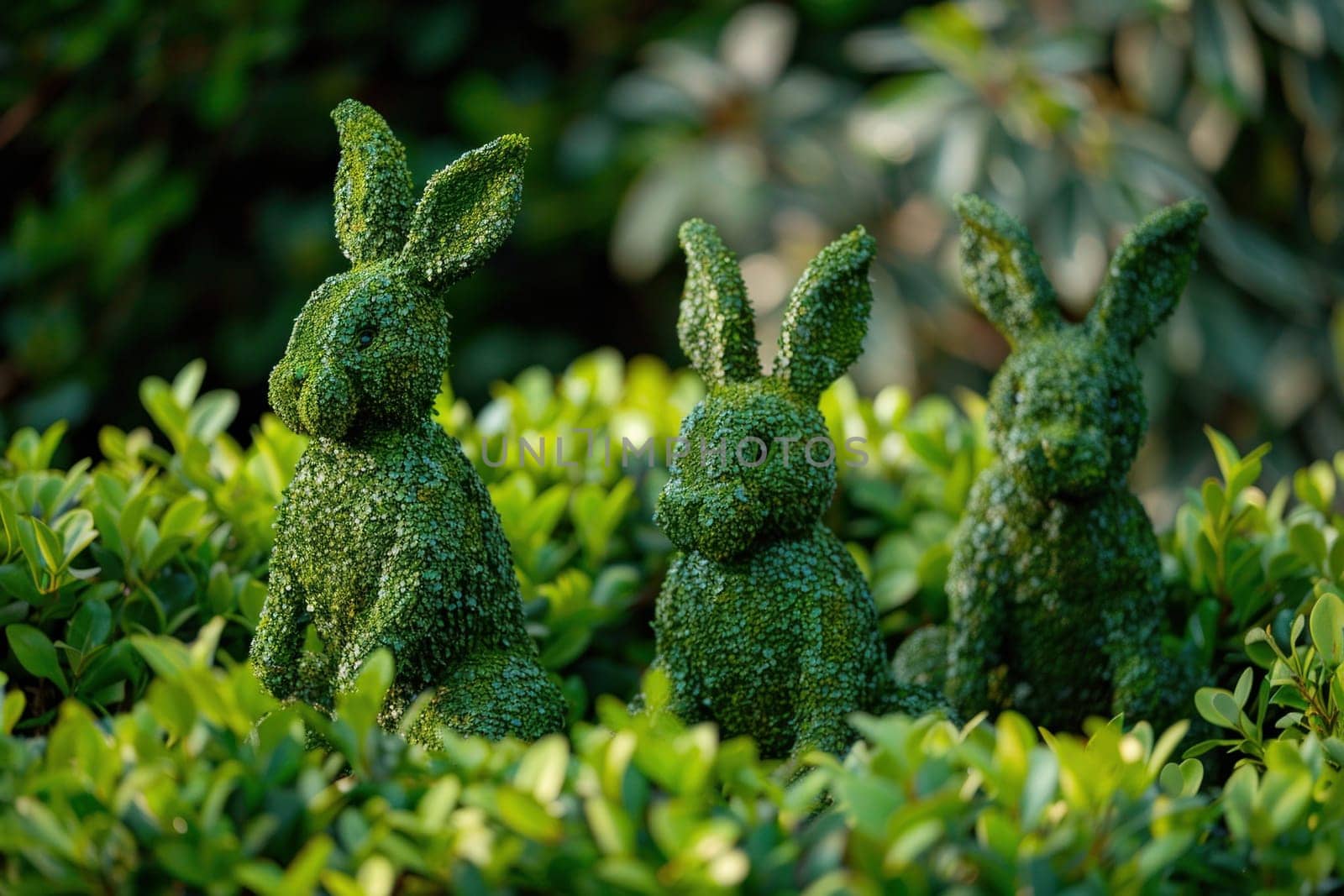 Three rabbits sitting in the middle of a green hedge in the garden, nature, animals, outdoors, relaxation, peaceful
