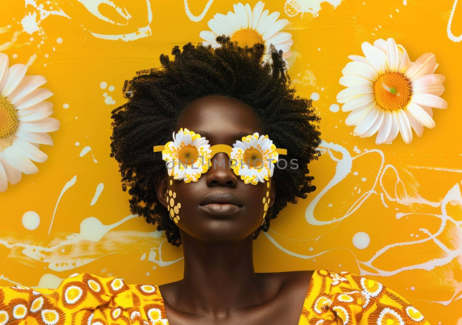 African woman with flowers in hair and sunglasses in front of yellow background beauty and fashion portrait trip concept by Vichizh
