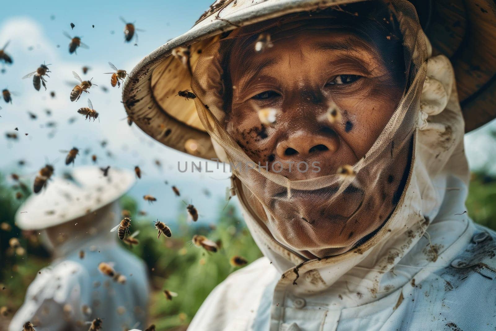 Asian man surrounded by swarm of bees wearing beekeeper's hat in a medical beekeeping demonstration