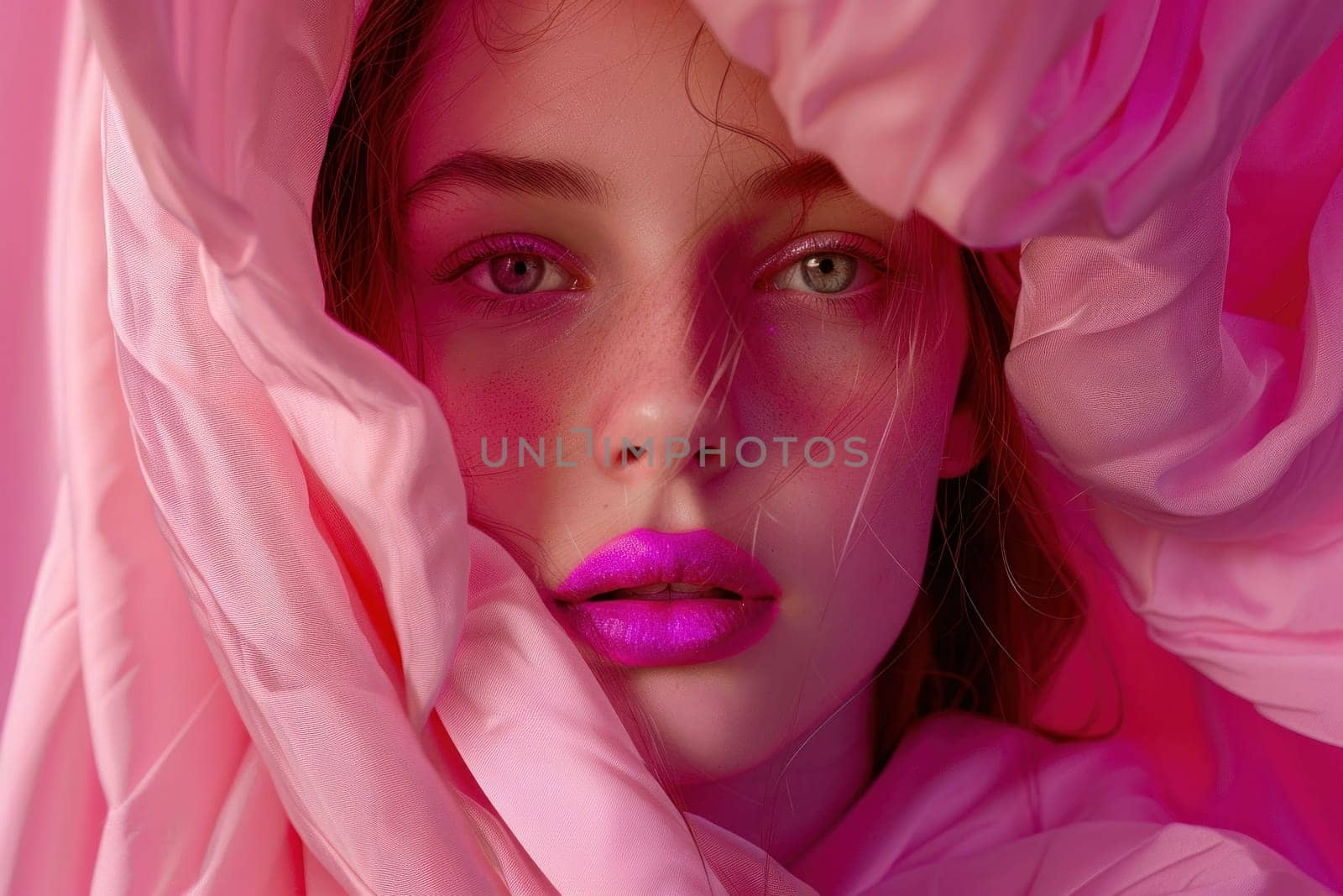Woman in pink scarf and blanket relaxing at home in cozy setting with bright pink lips and fashionable style