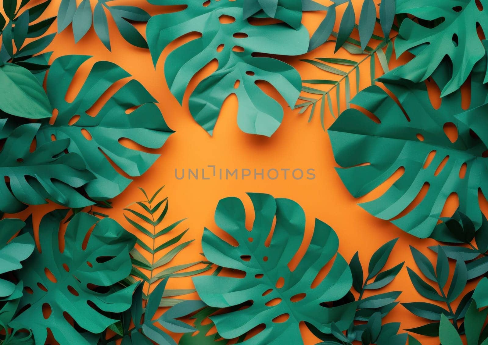 Tropical leaves on an orange background with copy space for travel or fashion concept design by Vichizh