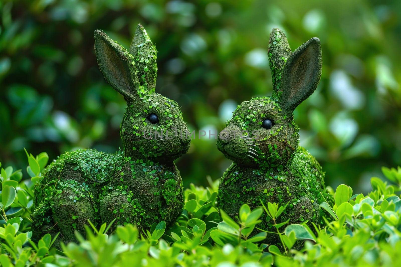 Two green rabbits enjoying nature among lush greenery in a peaceful garden setting