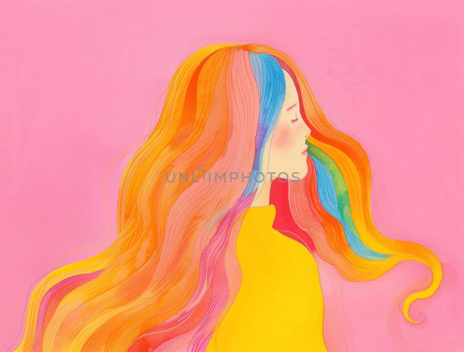 Colorful hair beauty woman portrait with rainbow hair on pink background, art and fashion concept by Vichizh