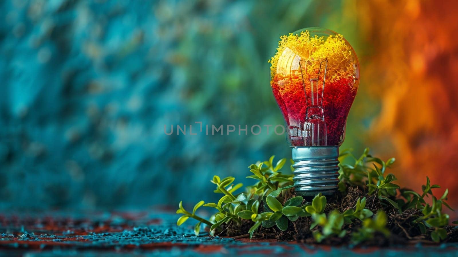 An abstract glowing light bulb with plants inside. The concept of machine learning and artificial intelligence in low-poly design. by Lobachad