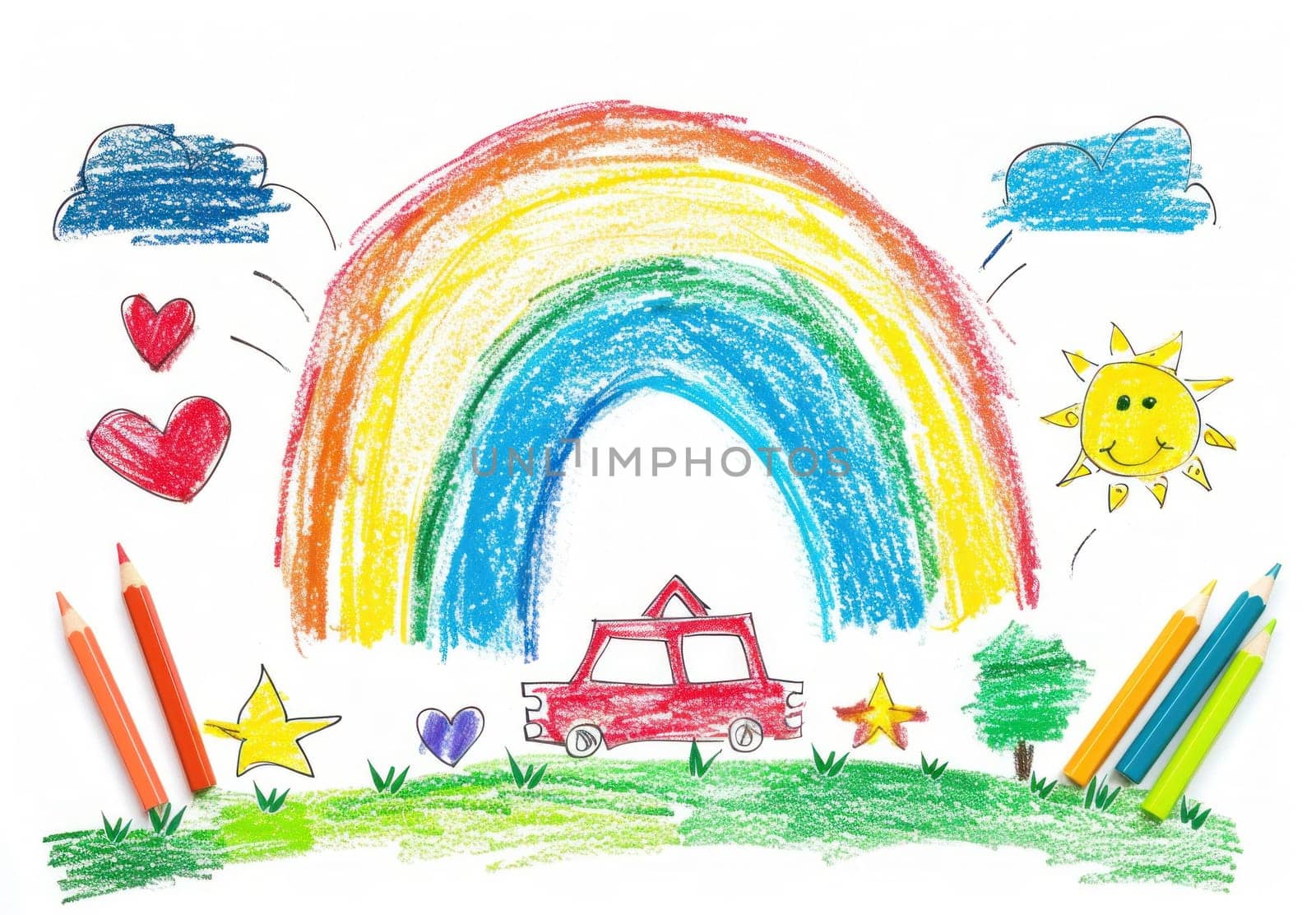 Child's drawing of rainbow, car, sun colorful adventure in nature and travel for kids and families