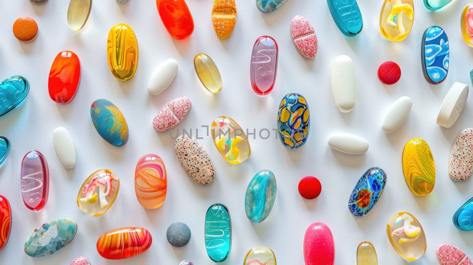 Colorful pills assortment with medicine written on them arranged on white surface for medical concept design