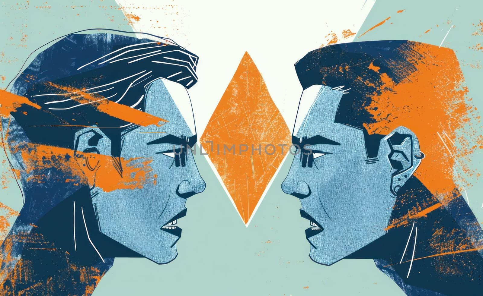 Colorful encounter illustration of two men in blue and orange discussing business trip beauty and art junction