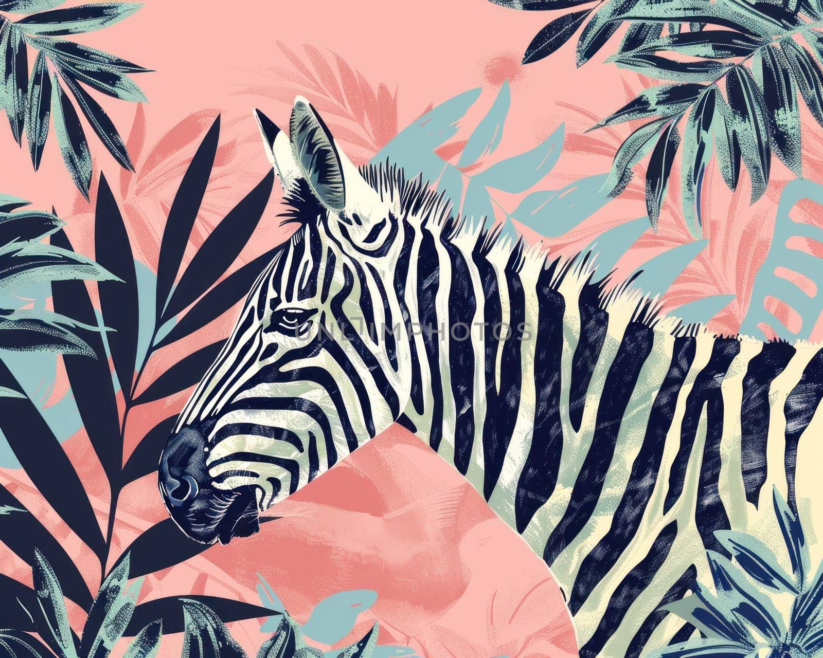 Tropical paradise serene zebra standing among vibrant palm leaves and flowers in exotic setting