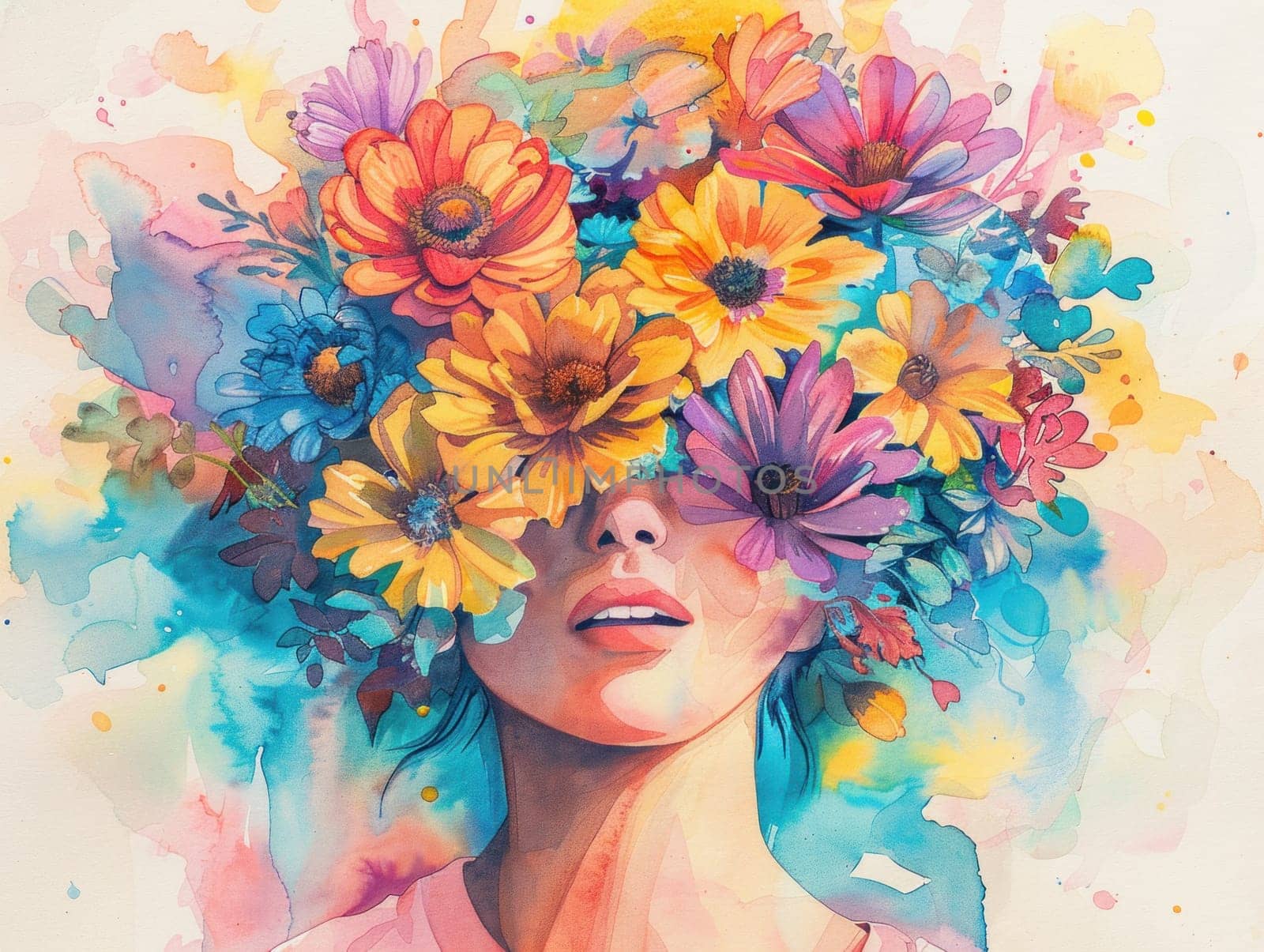 Woman adorned with flowers in artistic portrait symbolizing beauty and nature's elegance