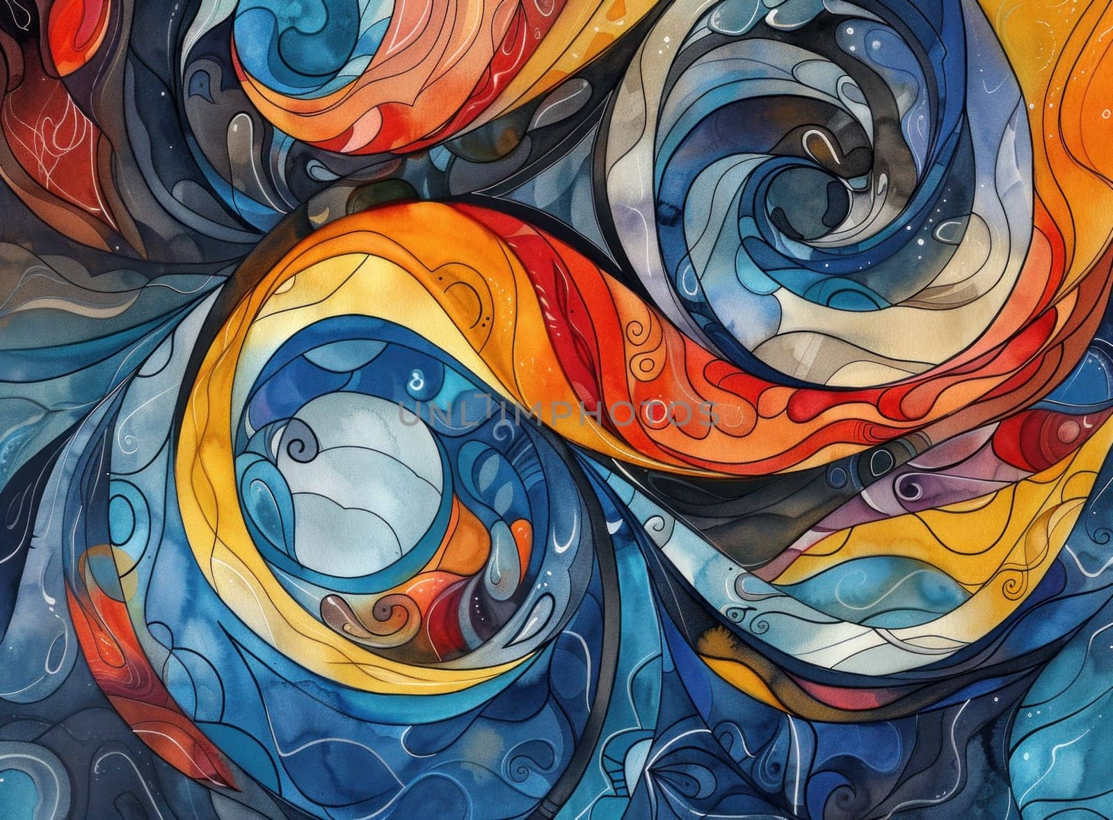 Colorful abstract painting with swirls of blue, orange and yellow representing vibrant artistry and creativity in modern design