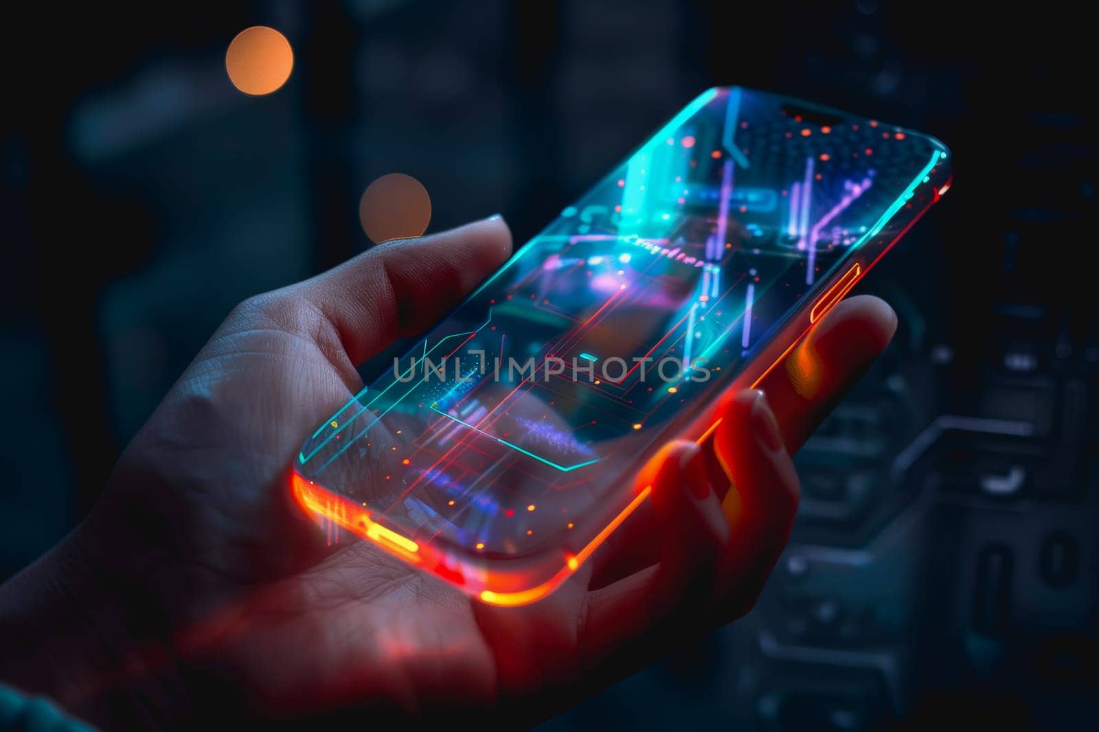 Artificial Intelligence smartphone with an interface translucent screen, technology futuristic