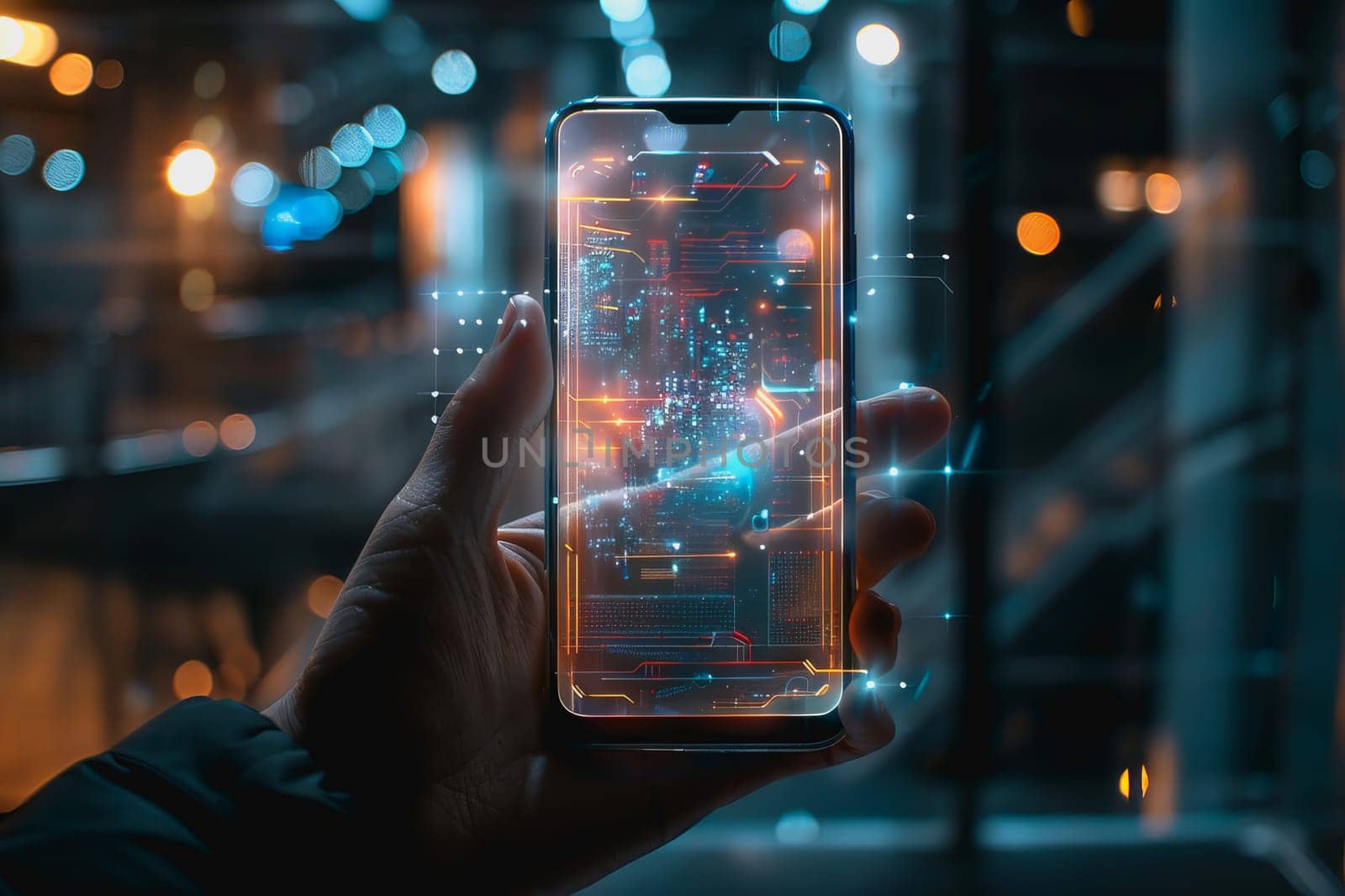 smartphone translucent screen displaying interface Artificial Intelligence abstract, futuristic