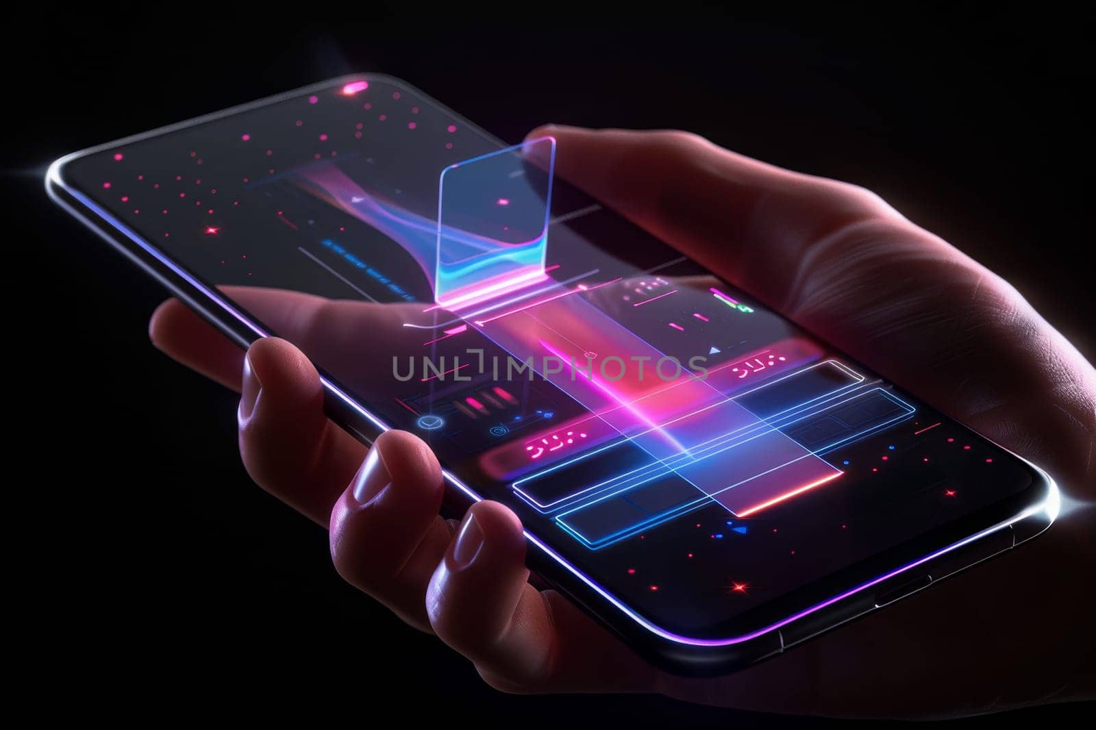 Artificial Intelligence smartphone with an interface translucent screen, technology futuristic