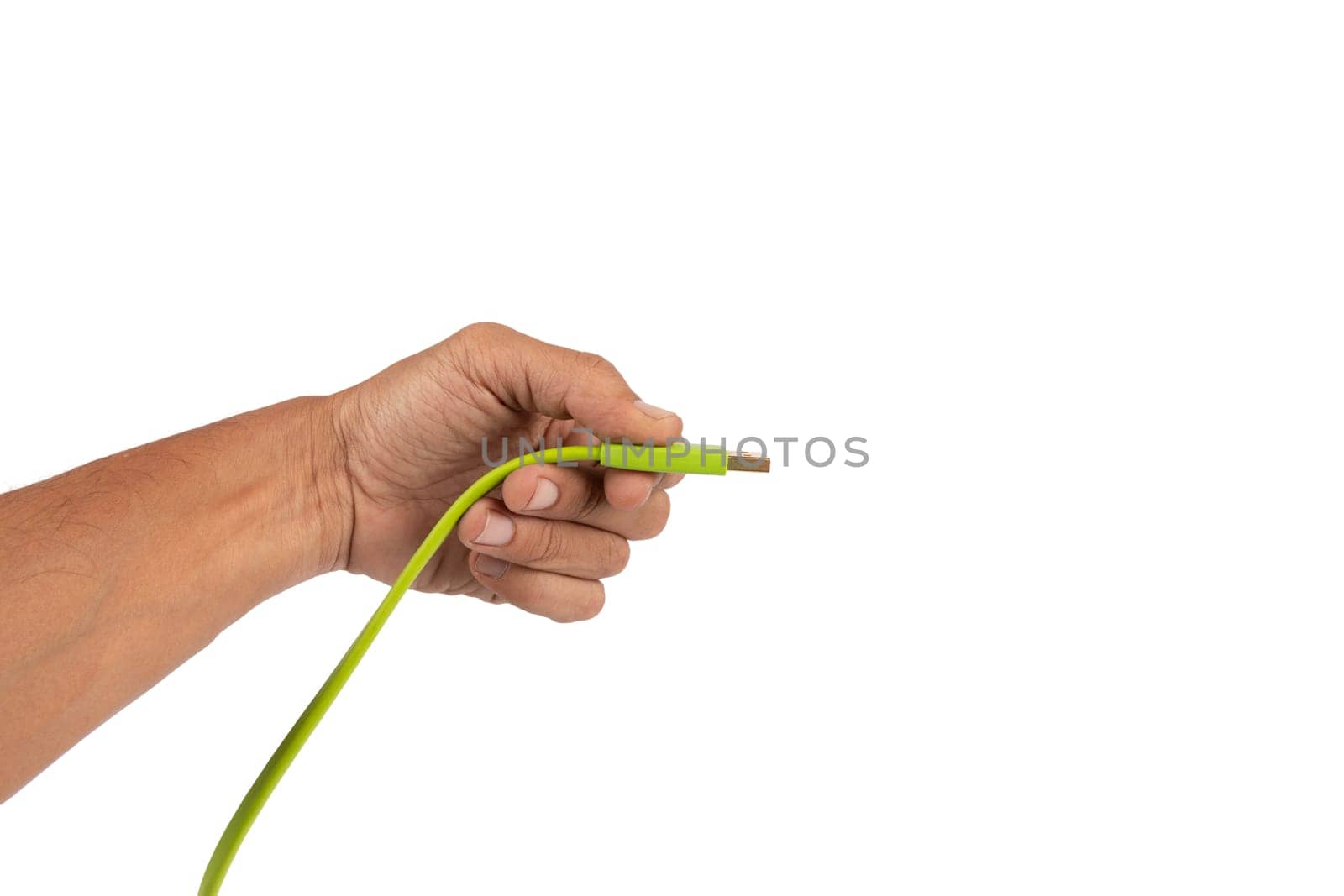 Black male hand holding a green USB cable isolated on white background. High quality photo