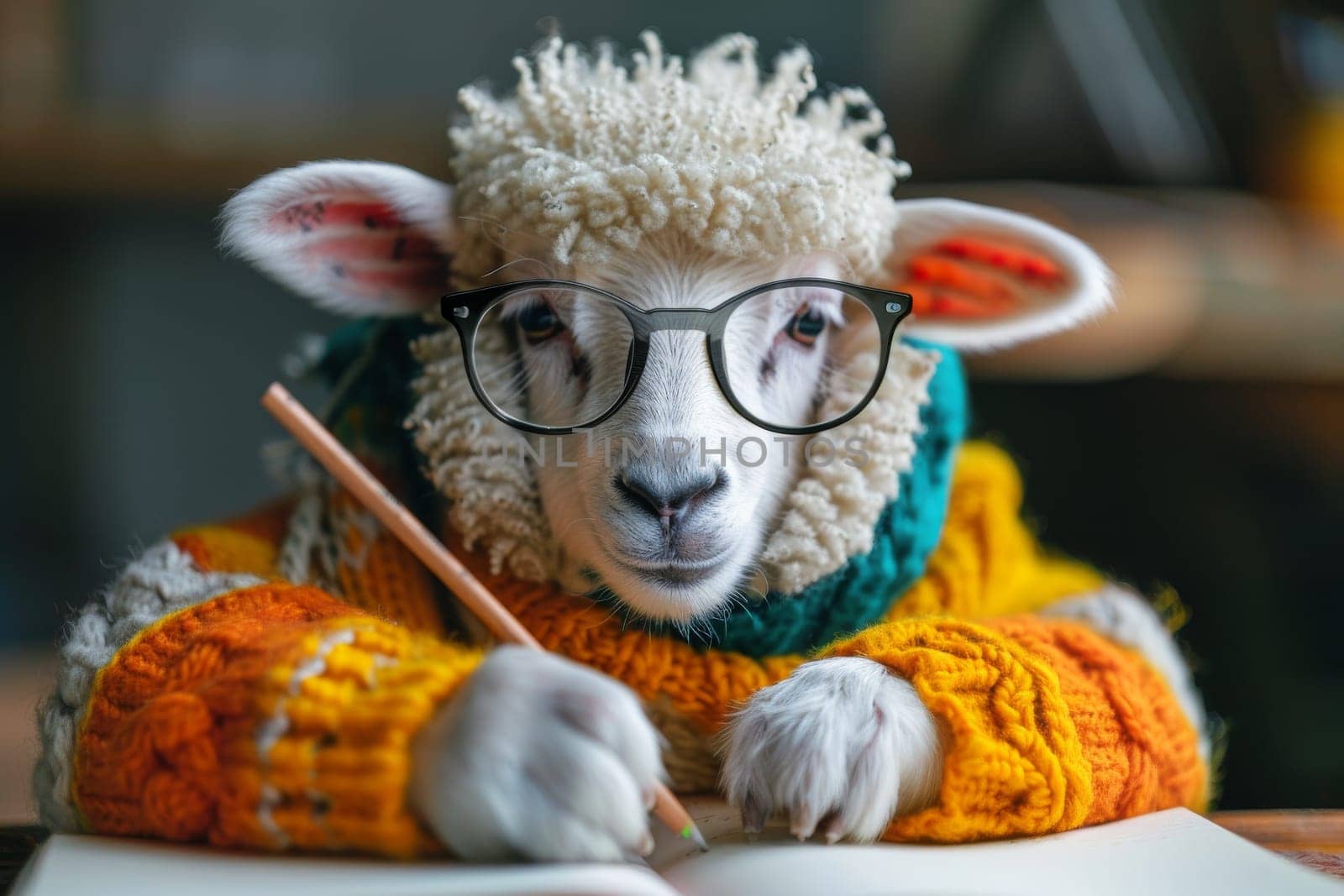 A sheep wearing glasses and a sweater is sitting at a desk and writing. Concept of humor and playfulness, as the sheep is dressed up like a human and engaging in a typical activity