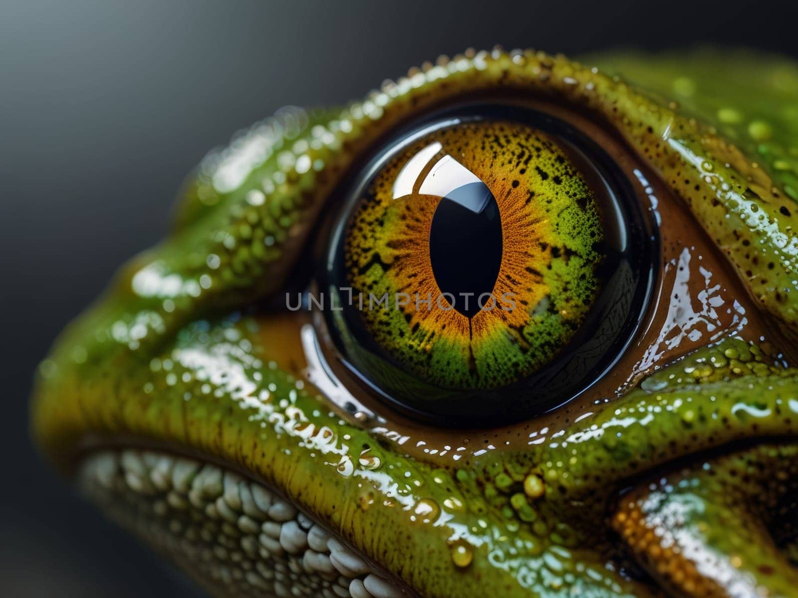 Portrait of a green frog. Close-up of the iris of a frog's eye. Generative AI.