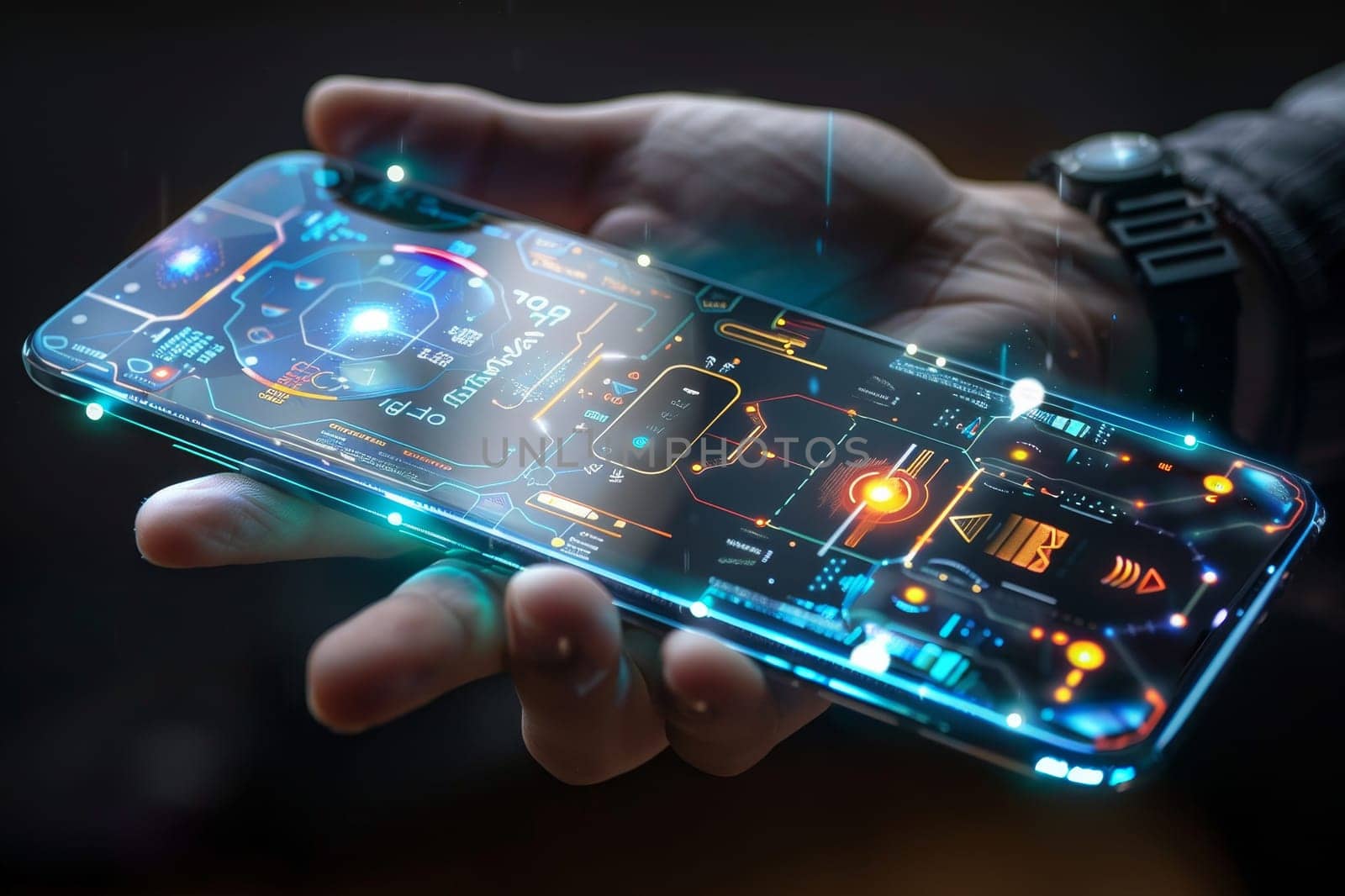 Artificial Intelligence smartphone with an interface translucent screen, technology futuristic