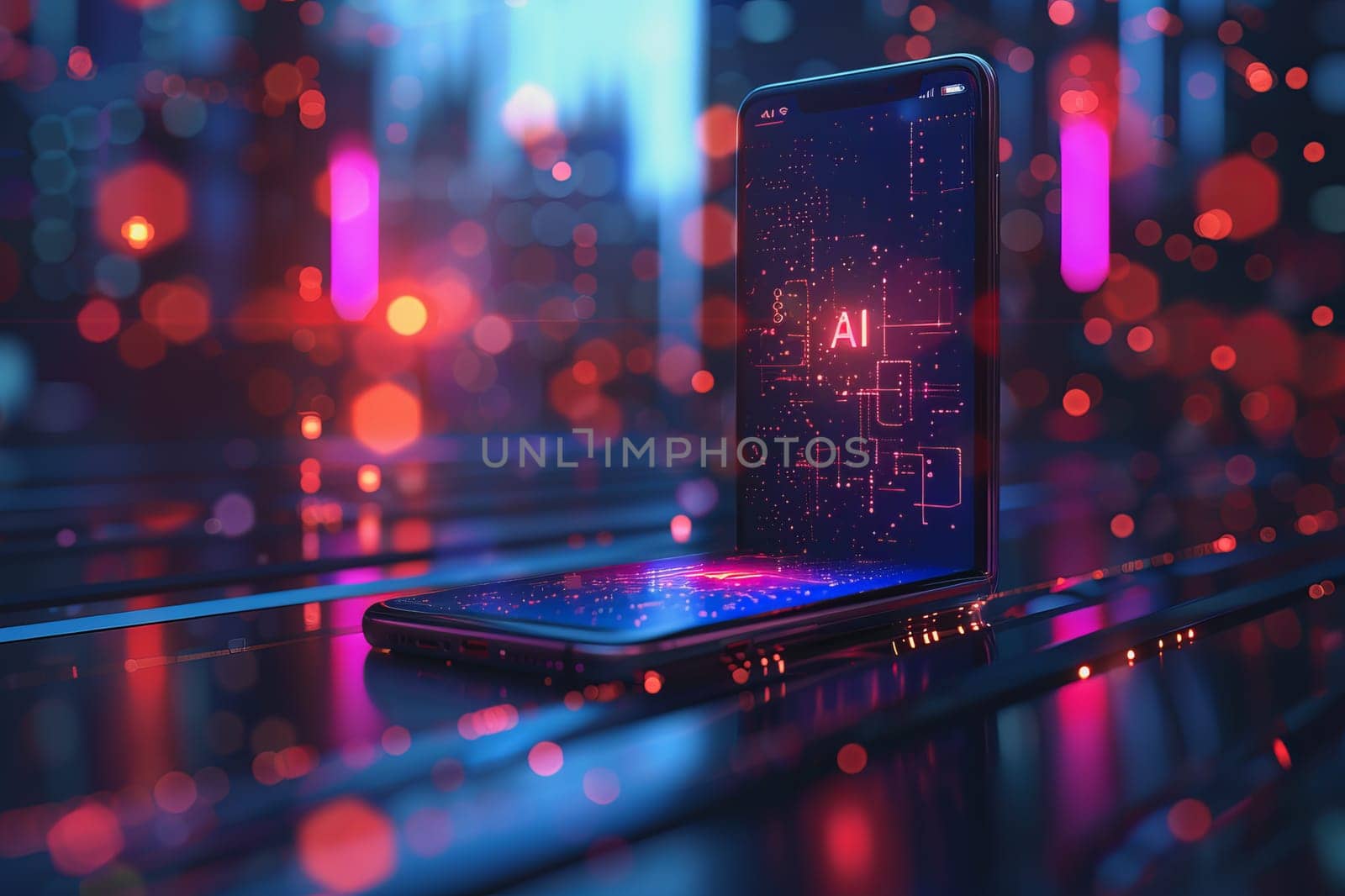 smartphone translucent screen displaying interface Artificial Intelligence abstract, futuristic