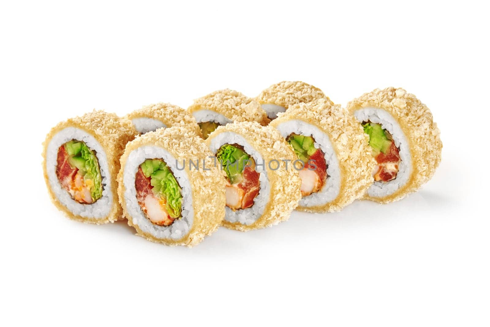 Delicious warm tempura sushi rolls with tiger shrimp, masago, tomato, cucumber and lettuce traditionally topped with panko breadcrumbs, displayed on white background. Authentic Japanese cuisine