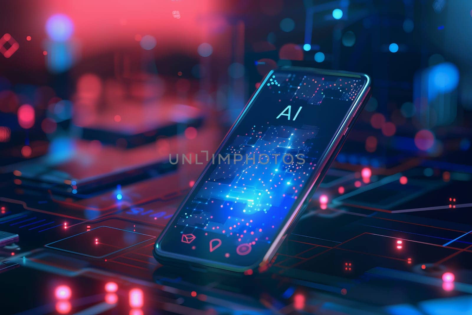 smartphone translucent screen displaying interface Artificial Intelligence abstract, futuristic