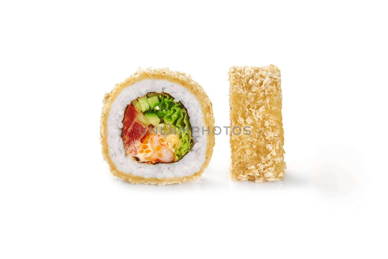 Closeup detailed view of crispy tempura roll with tiger prawn, tobiko roe, tomatoes, cucumber and iceberg lettuce covered with panko breadcrumbs, isolated on white. Sushi bar menu concept