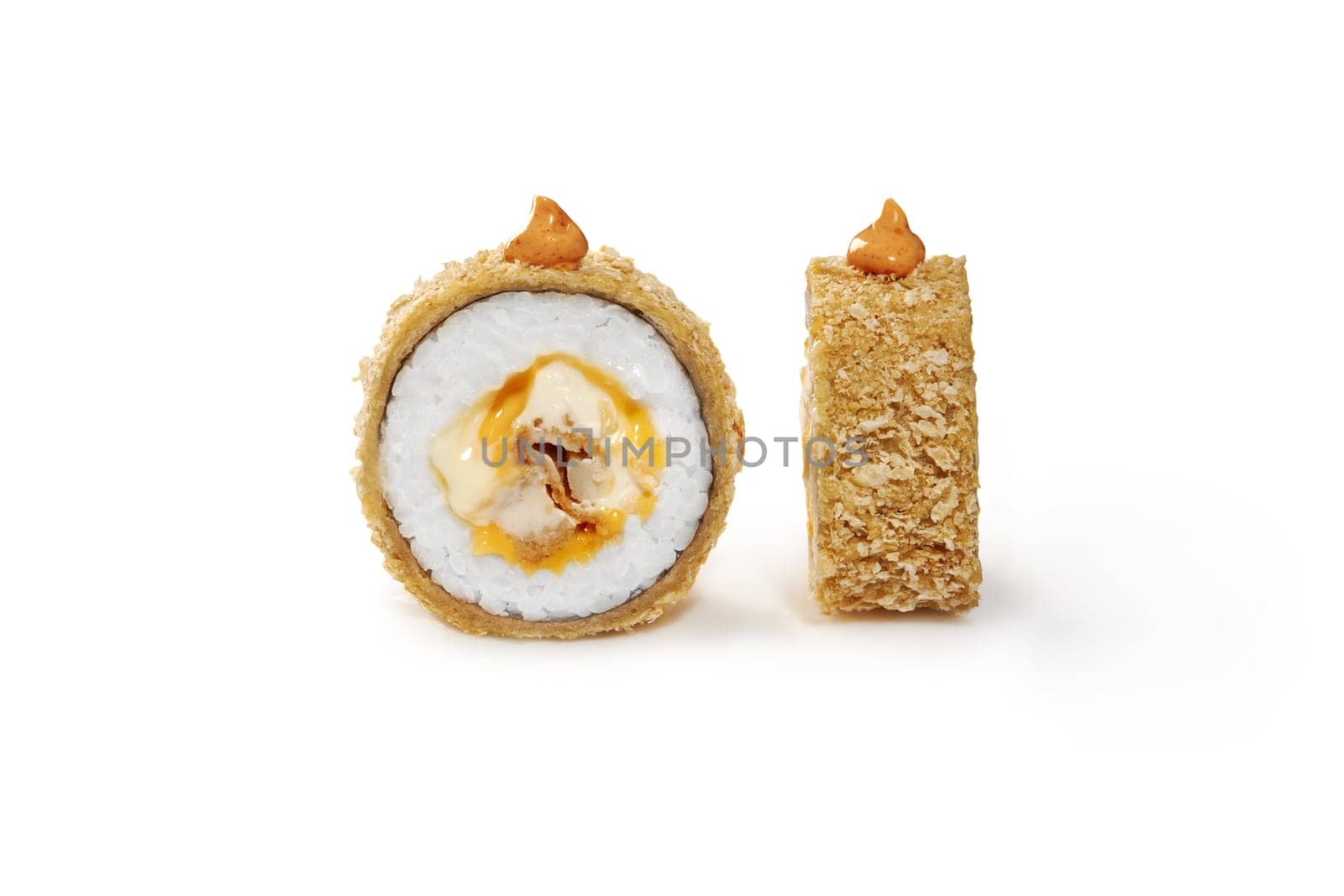 Warm tempura rolls with chicken and cheese in crispy panko breadcrumbs seasoned with spicy mayo on white background. Japanese cuisine. Sushi bar menu concept